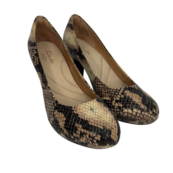 Clarks Indigo Snakeskin Print Comfortable Leather Heels Size 6.5 - Picture 1 of 9